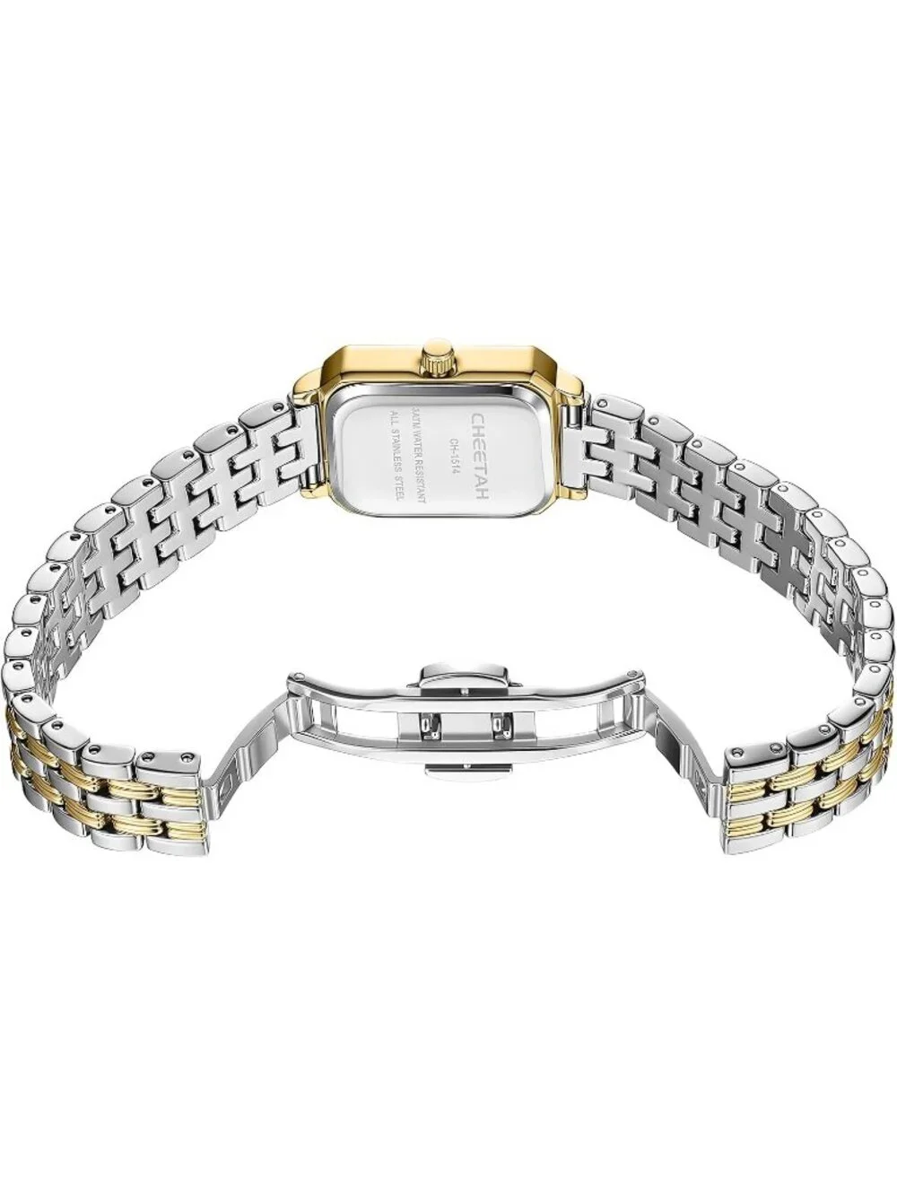 Women's Silver Gold White Two Tone Rectangular Stainless Steel Bracelet Watch
